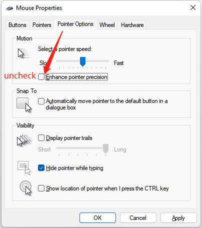 optimize windows 11 mouse uncheck enhance point precision