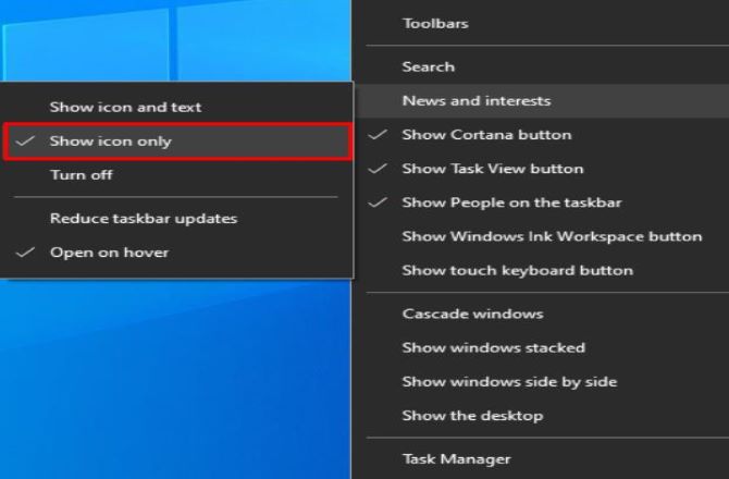 windows 10 taskbar news and interests show icon only