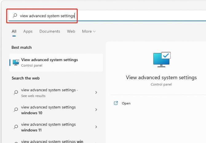 windows 11 search view advanced system settings