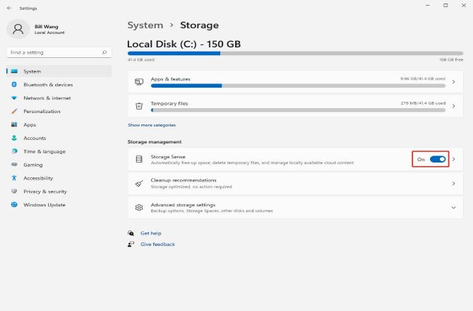 windows 11 settings system storage turn on storage sense