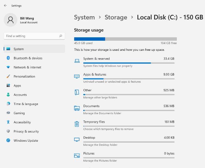 windows 11 settings system storage usage list