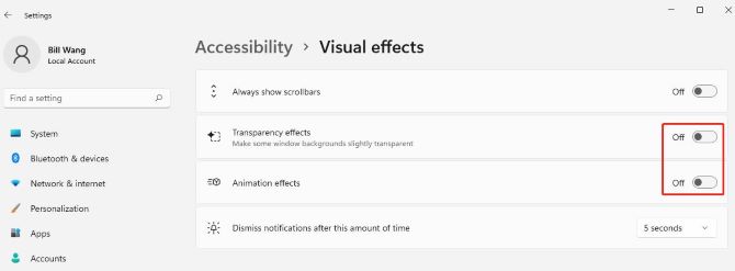 windows 11 settings turn off visual effects