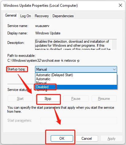 cancel windows 11 update click disable in service property