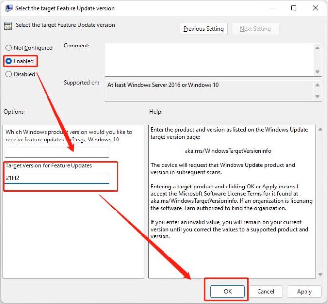 cancel windows 11 update click enable in select the target feature update version