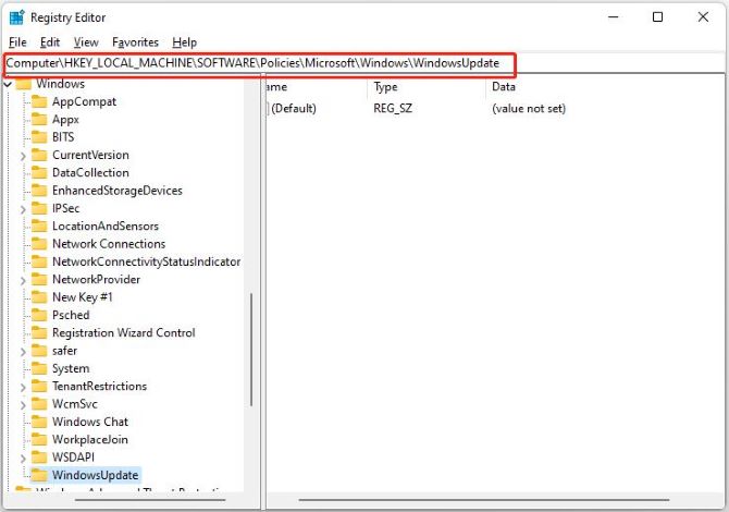 cancel windows 11 update navigate to windows update in registry editor