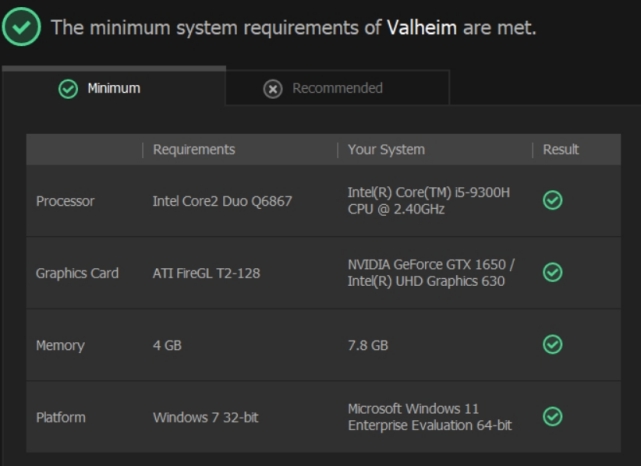 compare this pc and valheim the minimum system requirements