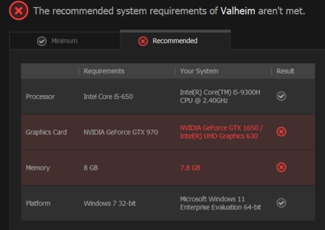 compare this pc and valheim the recommended system requirements