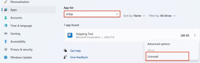uninstall snipping tool