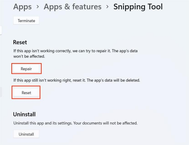 windows 11 snipping tool repair reset