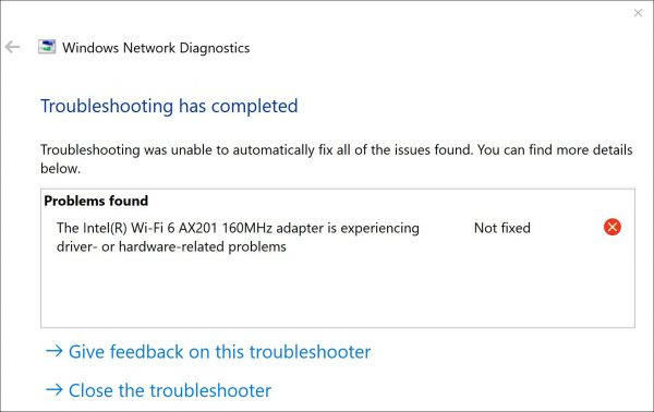 intel wifi 6 ax201 driver not working