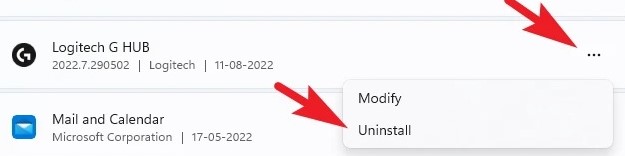 uninstall logitech g hub