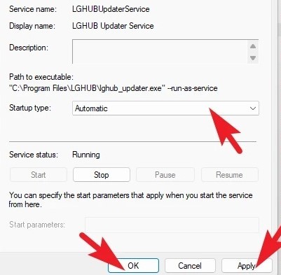 logitech g hub updater services start type automatic