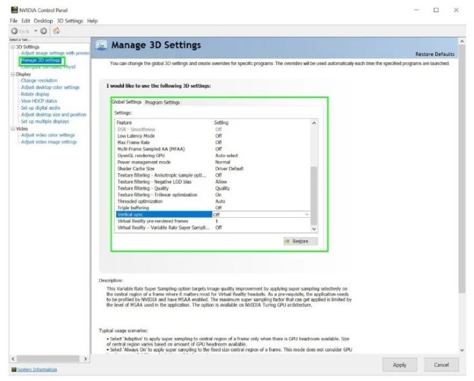 nvidia control panel toggle vsync