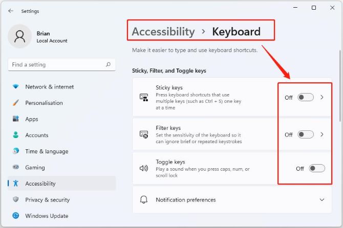turn off keyboard settings keys