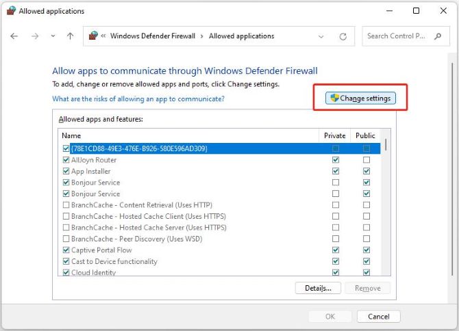 windows firewall change settings