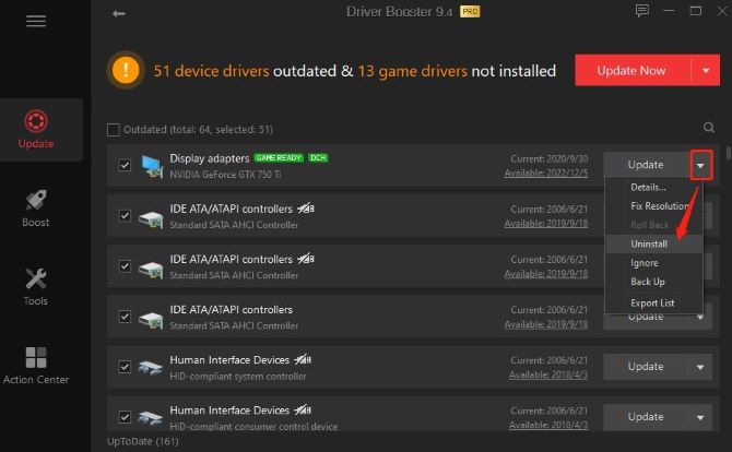 uninstall graphic driver in driver booster
