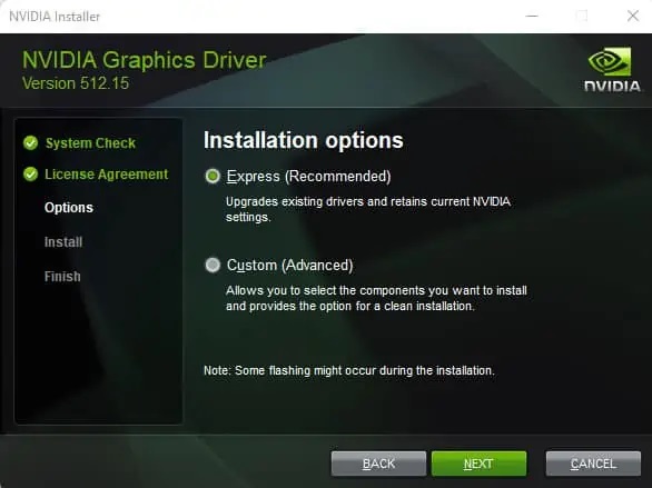 geforce game ready driver installation choose express or custom