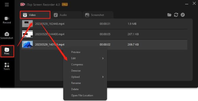 itop screen recorder open file location