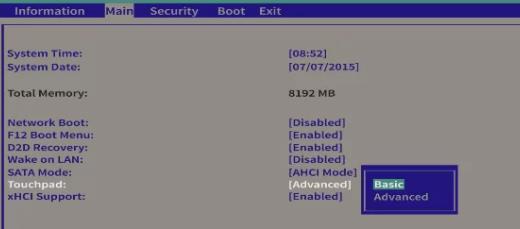 acer bios touchpad change advanced to basic