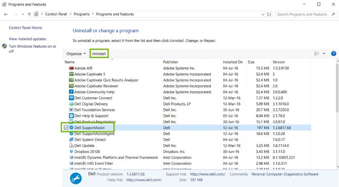 control panel uninstall supportassist