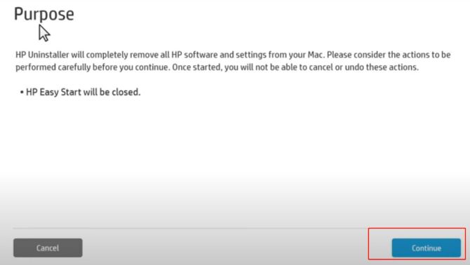 hp uninstaller continue