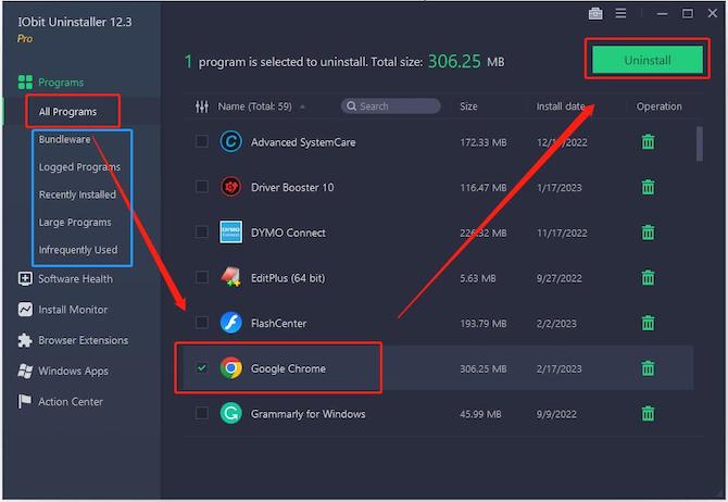 iobit uninstaller all programs google chrome uninstall