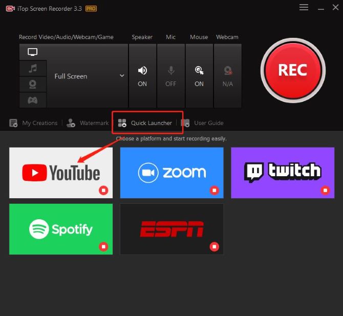 itop screen recorder youtube quick launcher