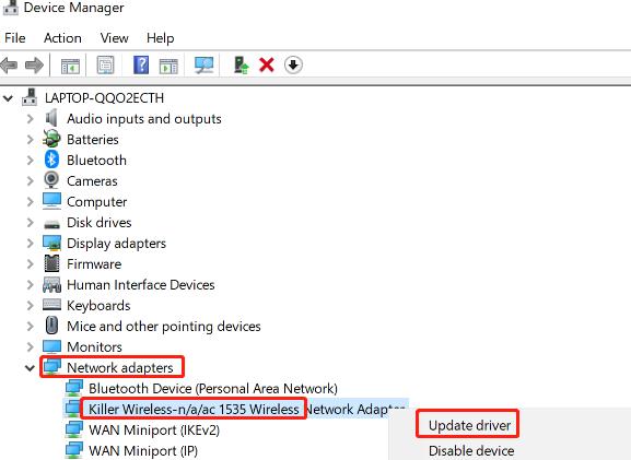 killer wireless 1535 adapter update driver