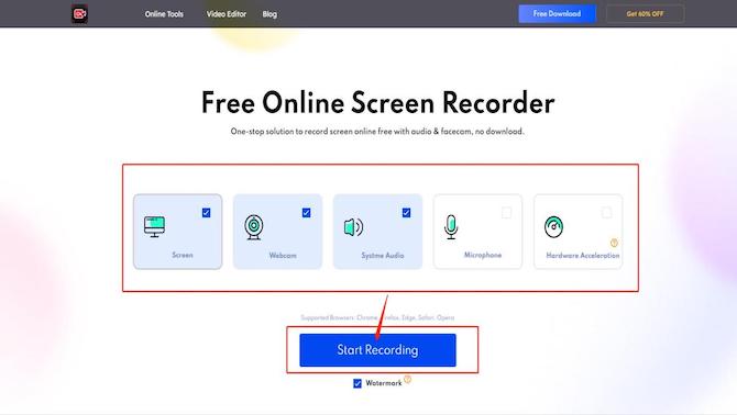 online screen recorder select recording options