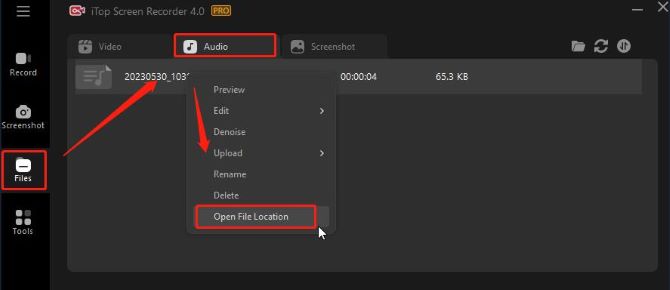 itop screen recorder open audio file location