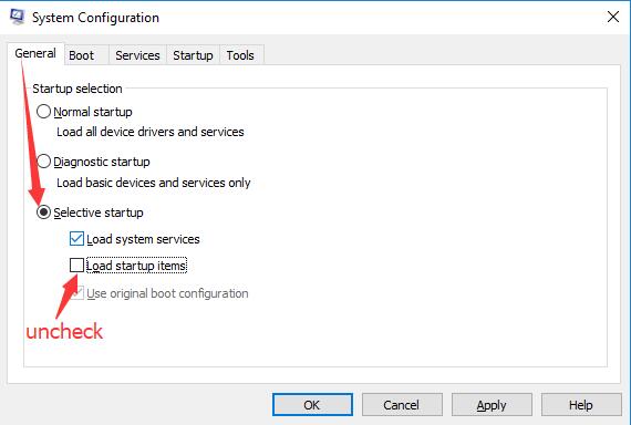 system configuration uncheck load startup items