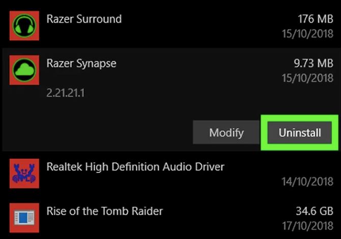 uninstall razer synapse