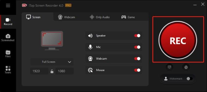 itop screen recorder full settings start record