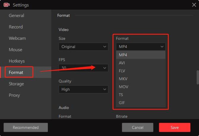 itop screen recorder select output format