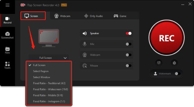 itop screen recorder select full screen region