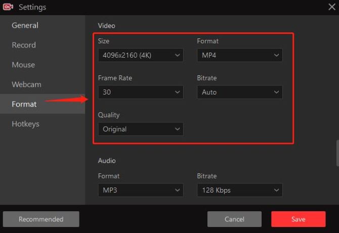 itop screen recorder settings format 4K