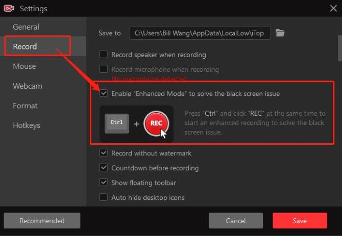 itop screen recorder settings record black screen