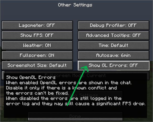 minecratf turn off show gl errors