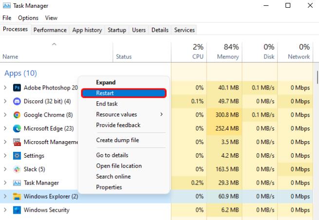 task manager restart windows explorer