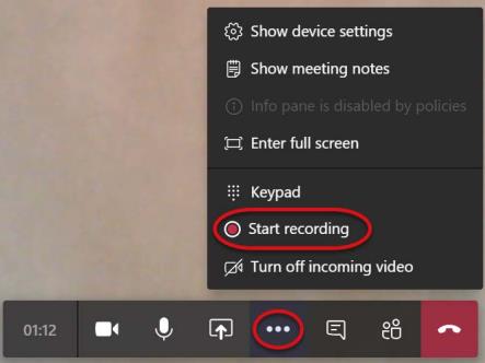 teams built in recorder more options start recording