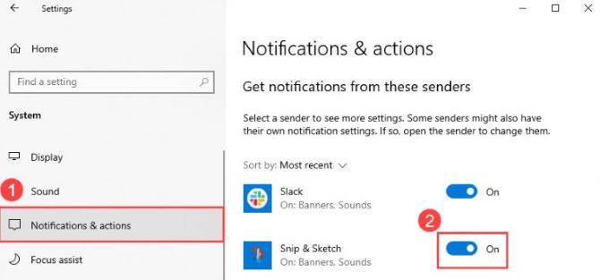 turn on snip and sketch notification