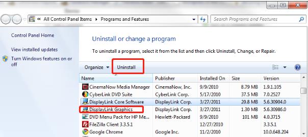 uninstall diplaylink graphics