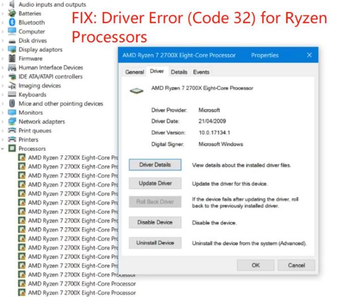 driver error code 32 for ryzen processors