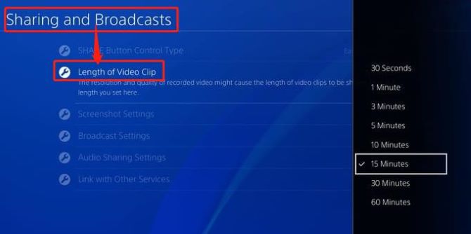 ps4 sharing and broadcasts length video clips