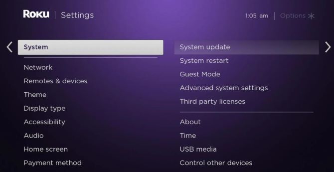 roku tv settings system update