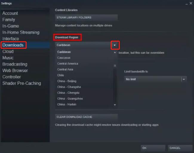 steam download speed slow click download region