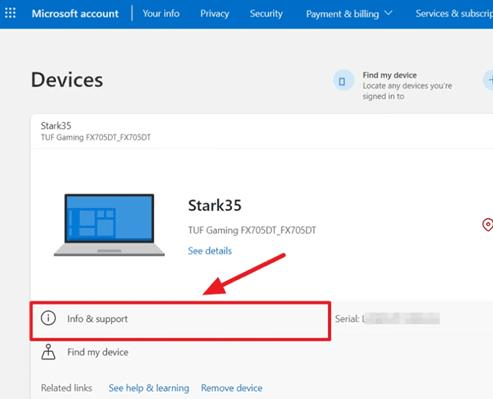 microsoft account devices info and support