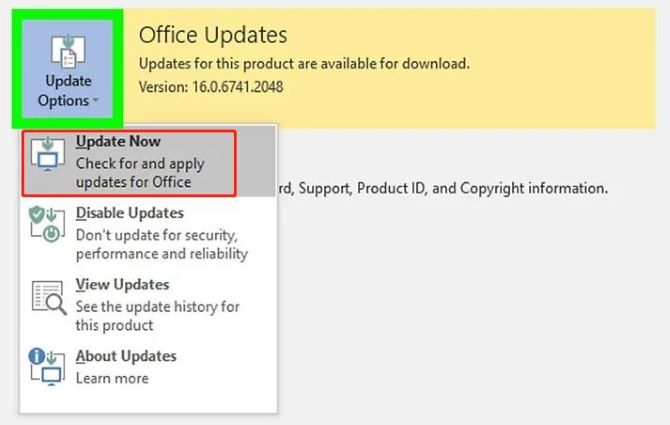 outlook click update now