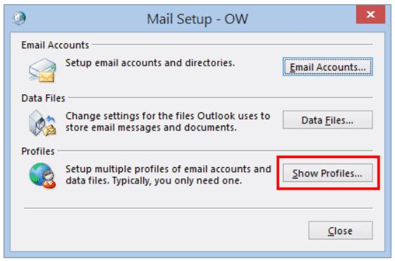 outlook mail setup click show profiles