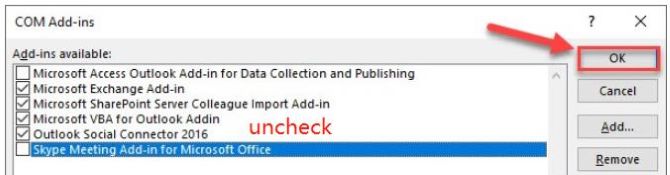 outlook uncheck add ins